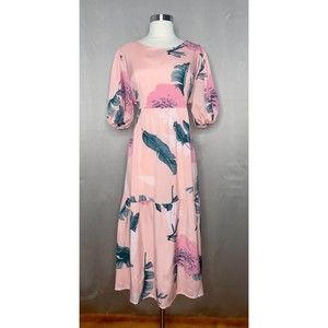 Women Peach Floral Raglan Sleeve Maxi Dress Free Size Small to Large Round Neck